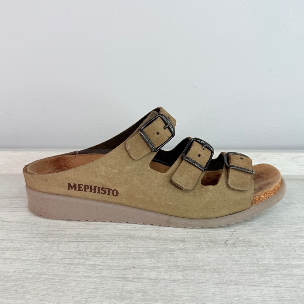 Mephisto Women's Beige Suede Triple Buckle Slide Sandal